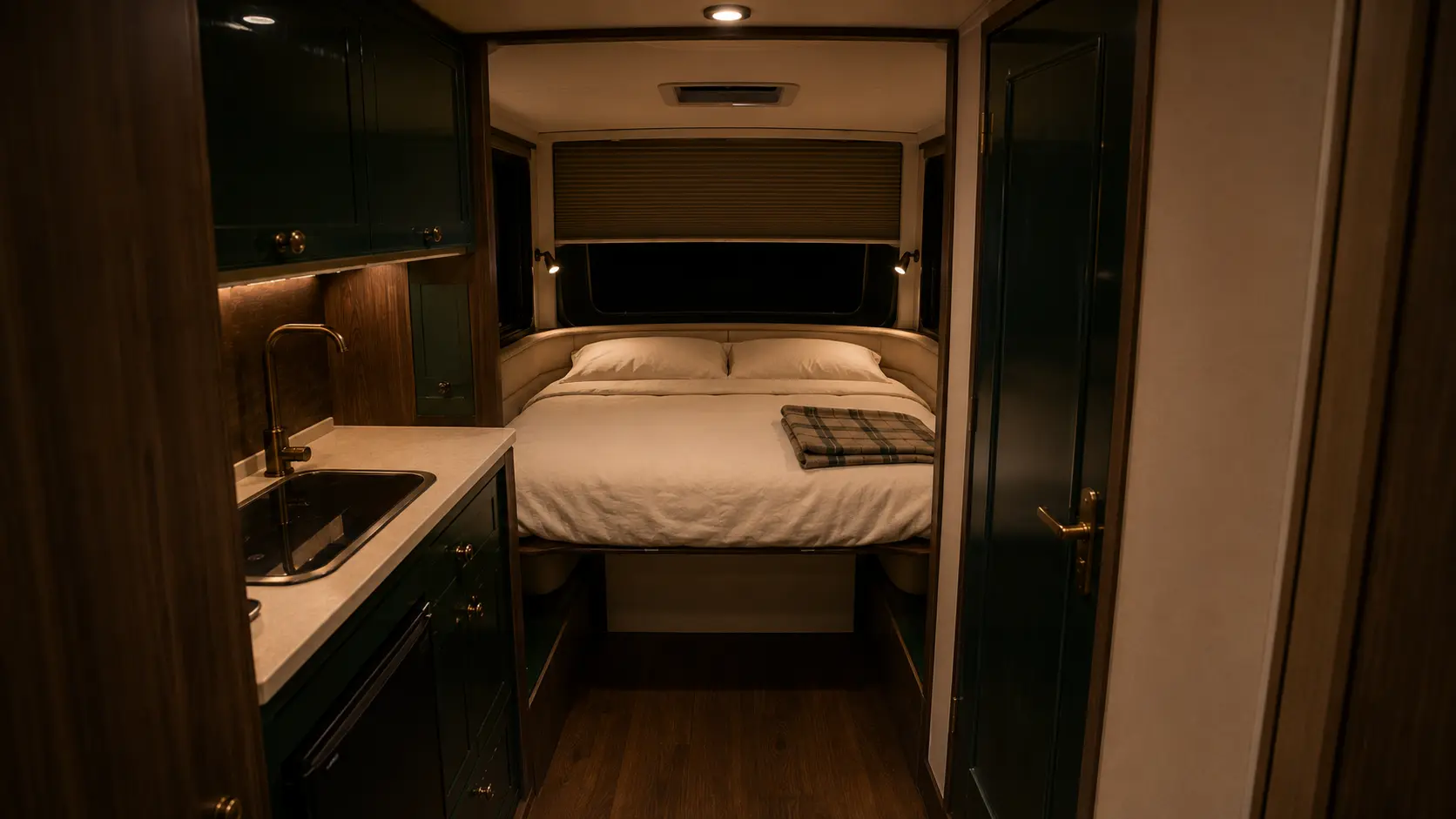 Grand Touring dinette converted into compact sleeping mode