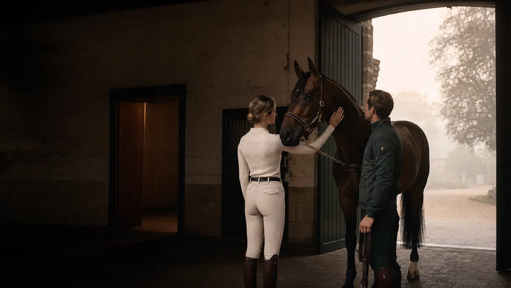 Rider and groom with a horse