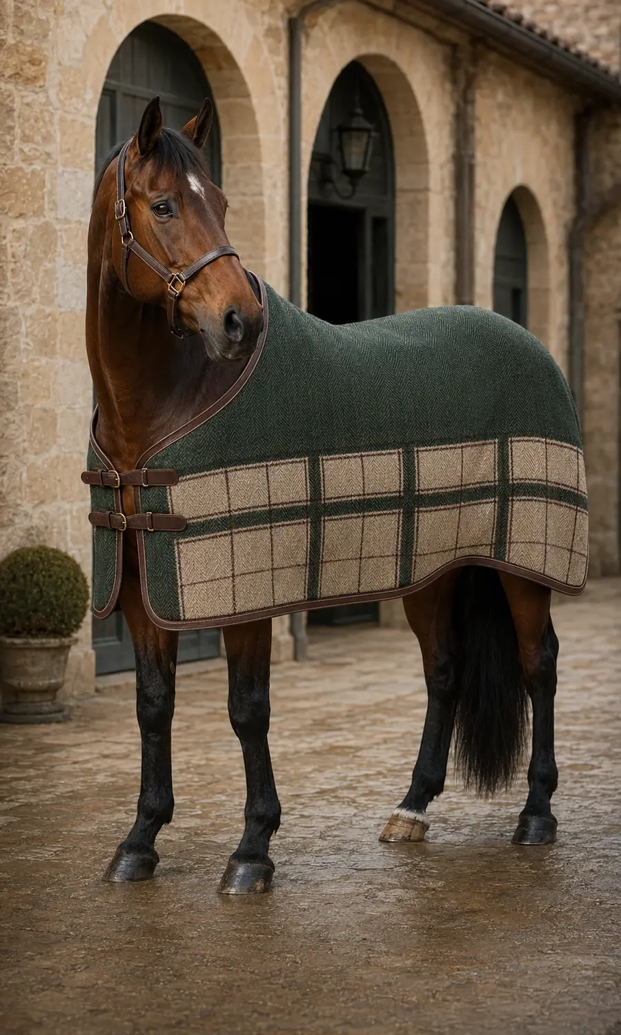 Warmblood wearing a Bertoni stable rug